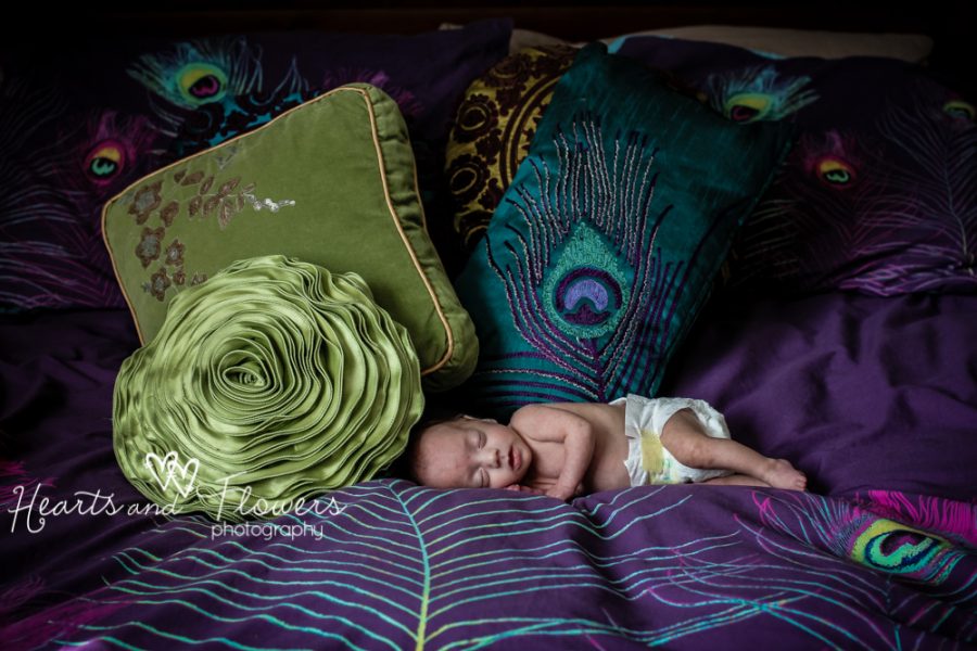 a premature baby in her nappy is laying amongst colourful cushions